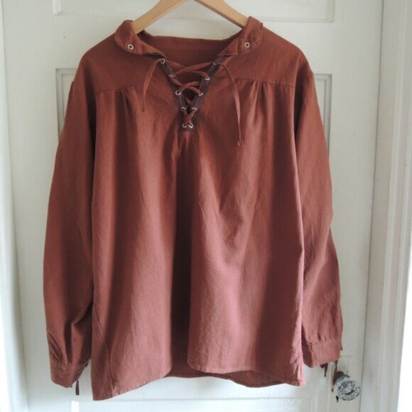 Men's Renaissance Pirate Poet Rustic Brown Laced Shirt S/M - Picture 1 of 5